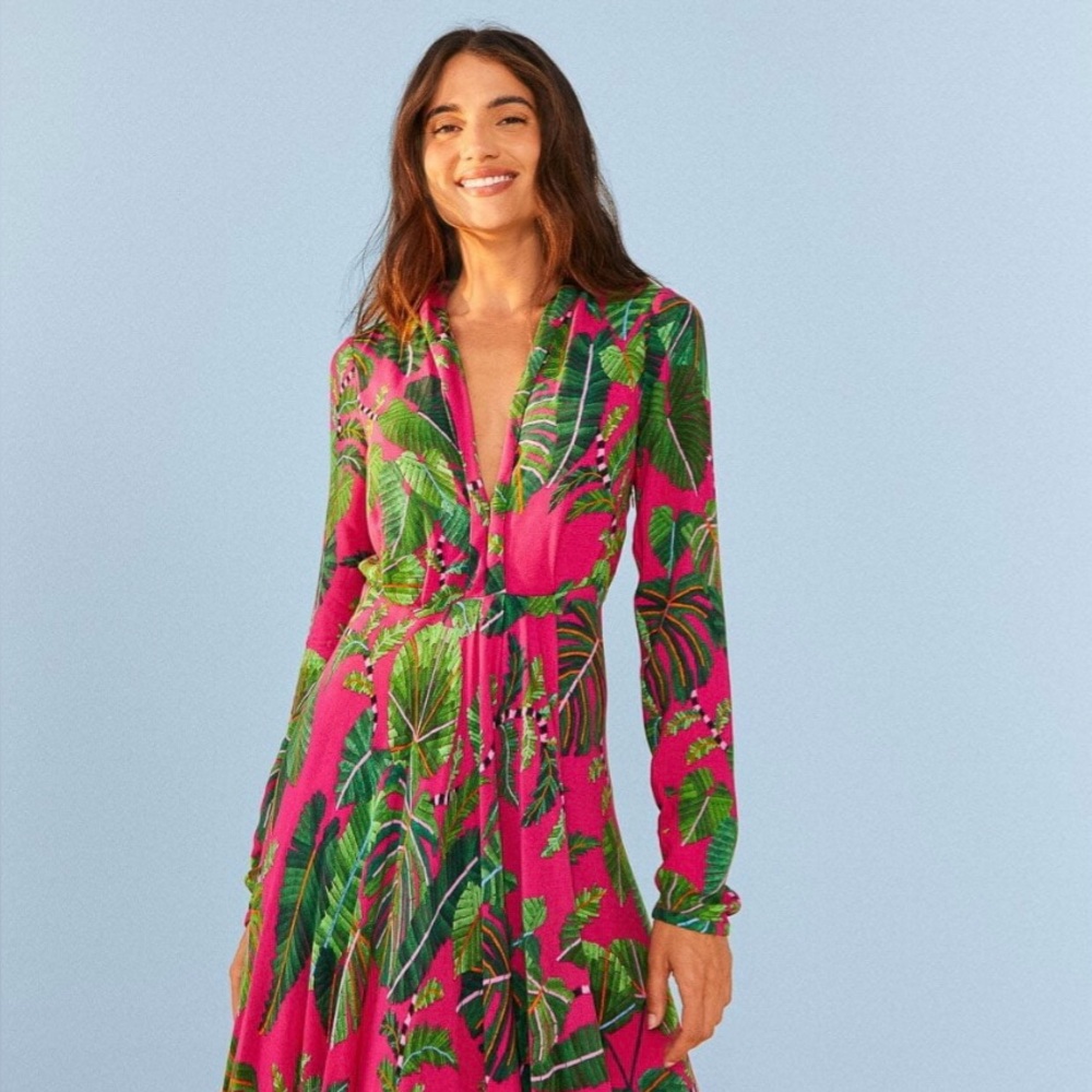 Farm Rio Leaves Pink Maxi Dress XL NWT
